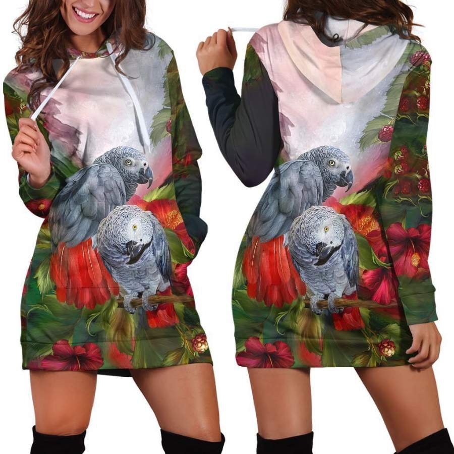 All Over Printed Parrots Hoodie Dress H2139B