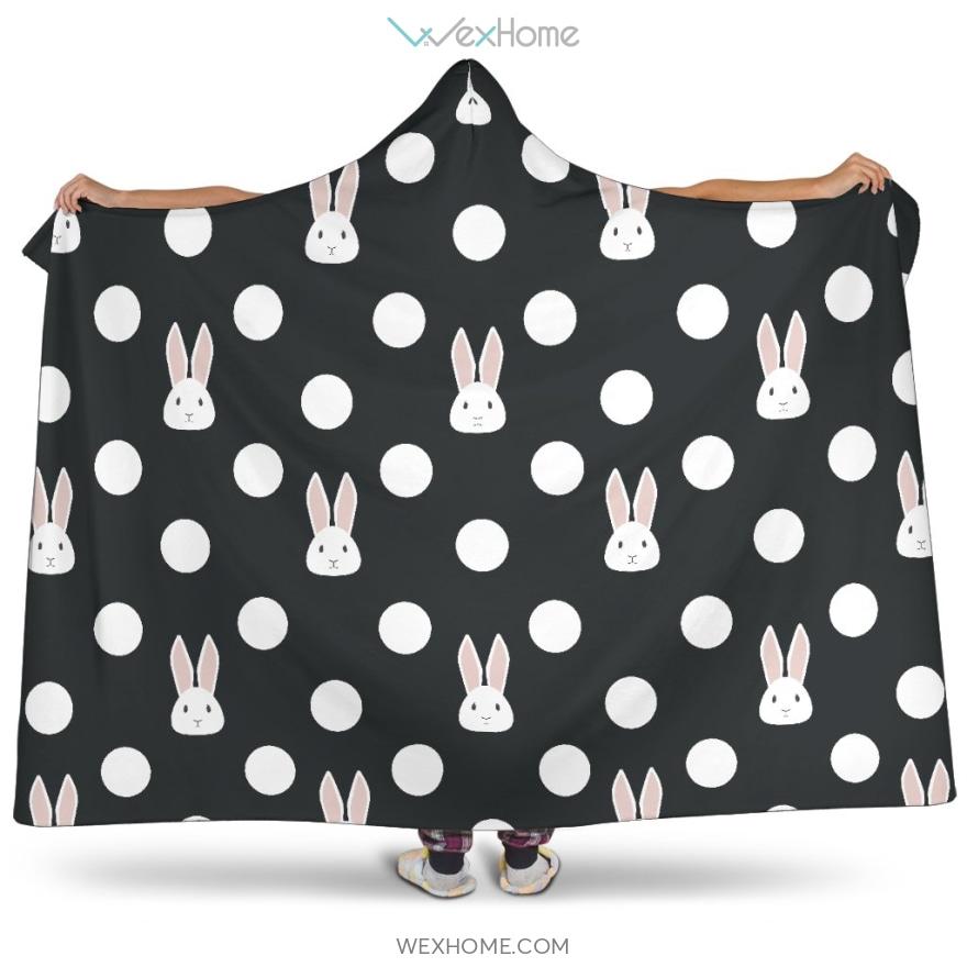 Cute White Rabbit Polka Dots Black Background Hooded Blanket