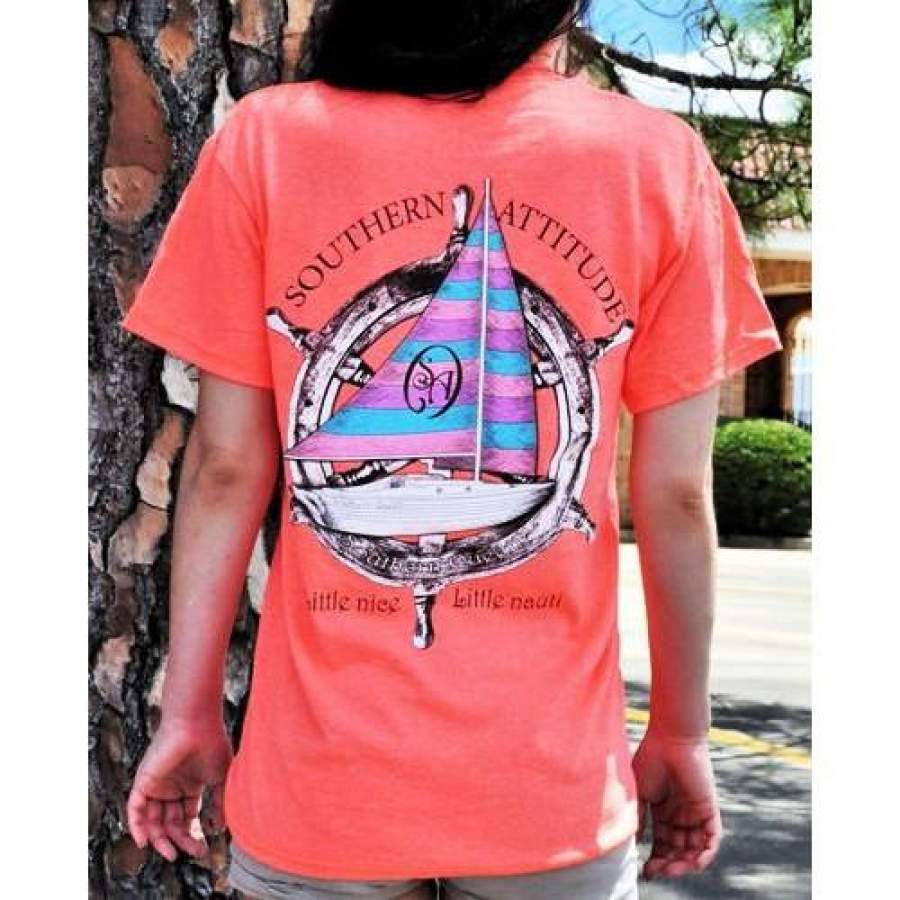 Country Life Southern Attitude Sail Boat Coral Vintage Nautical T-Shirt