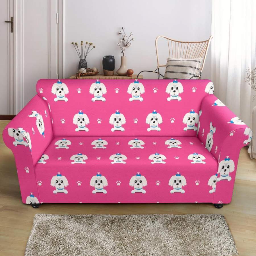 Dog Maltese Puppy Pattern Print Loveseat Cover