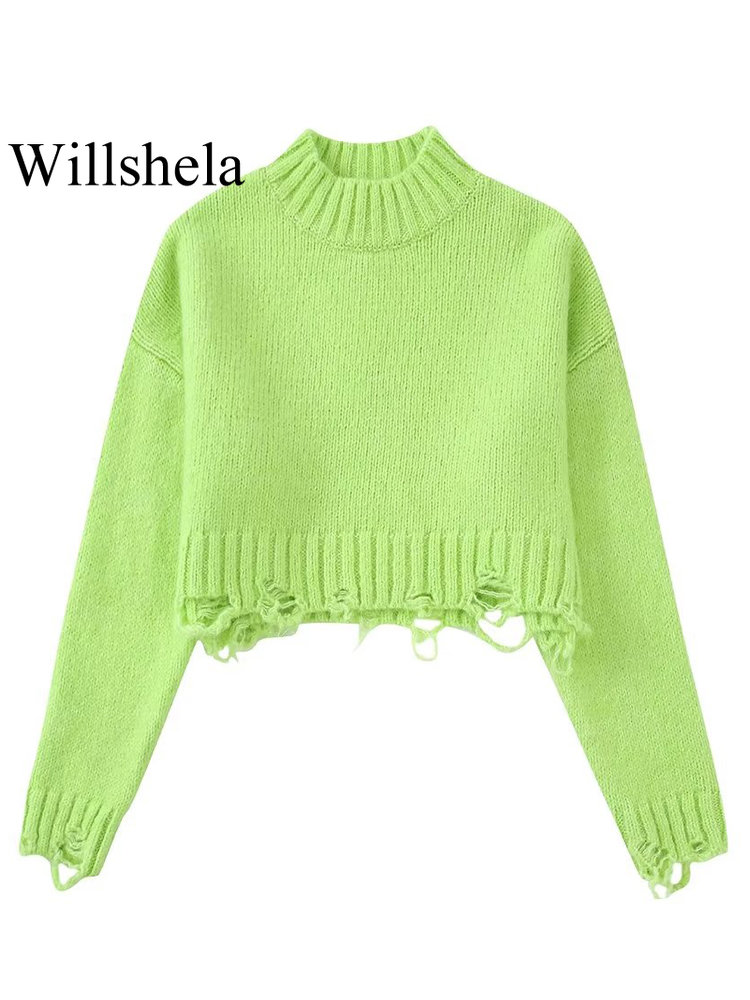 Willshela Women Fashion Solid Frayed Knitted Cropped Pullover Sweater Vintage O-Neck Long Sleeves Female Chic Lady Tops alx