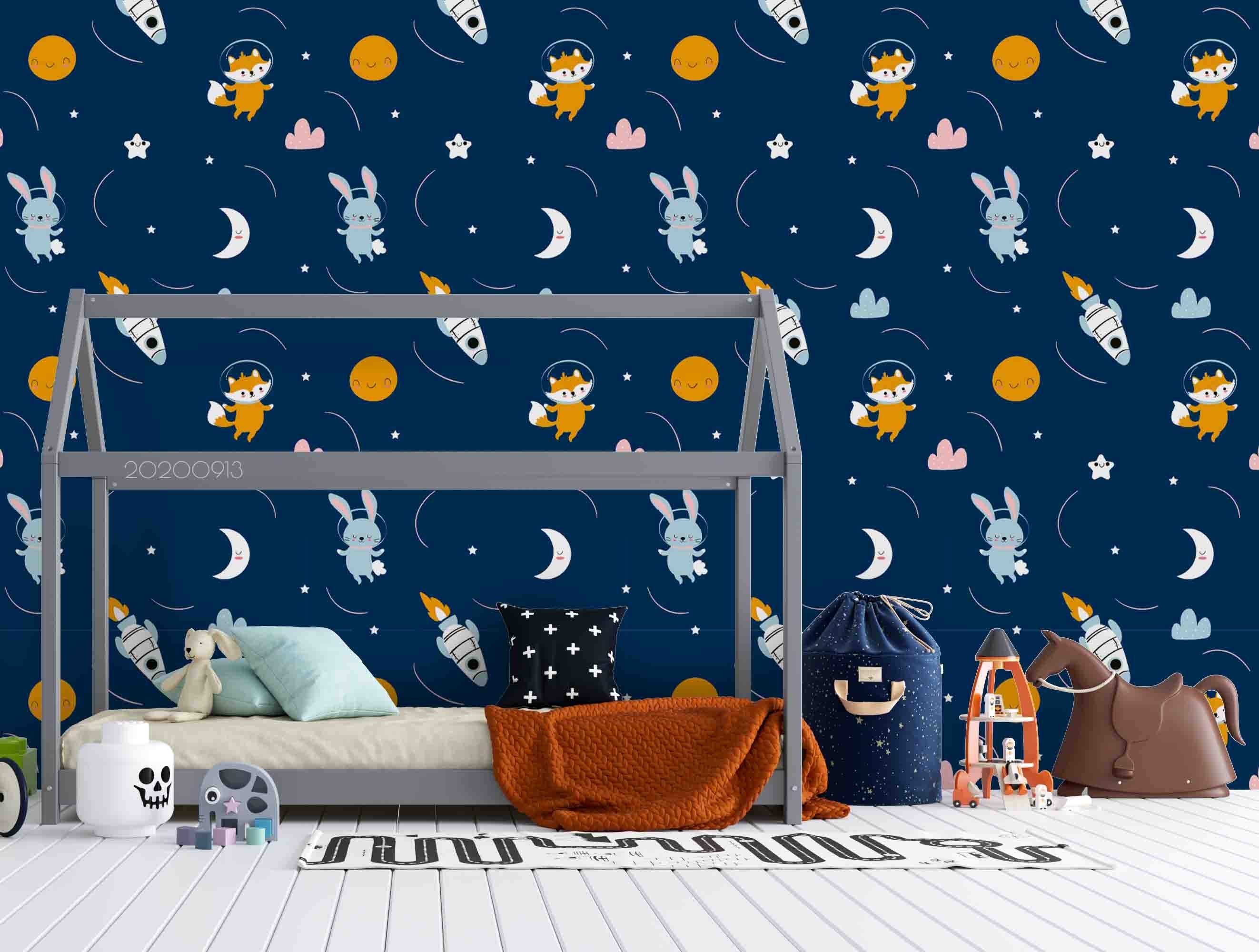 3D Cartoon Space Bunny Fox Animal Astronaut Planet Wall Mural Wallpaper Lxl