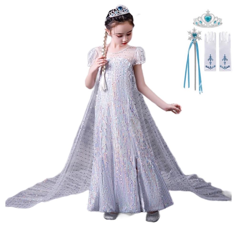 Snow Queen2 Elsa Anna Princess Dress Cosplay White Sequined Halloween Birthday Costume Fancy Holiday Vestido alx