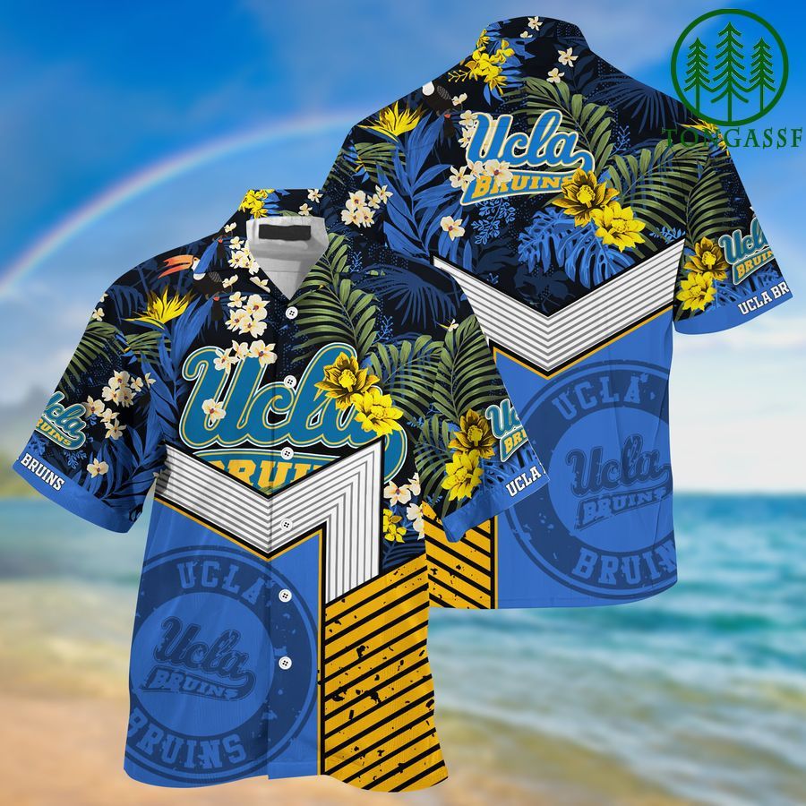 NCAA Ucla Bruins Gold Flowers Blue Hawaiian Shirt