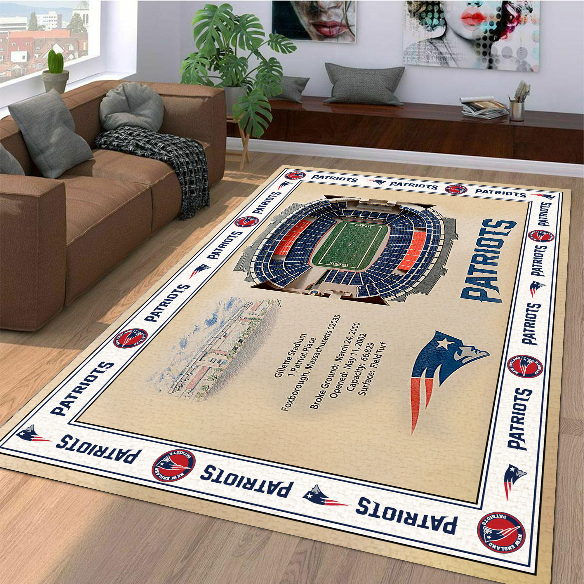 Fan Deco – Bordered New England Patriots Stadium 3D View Area Rug