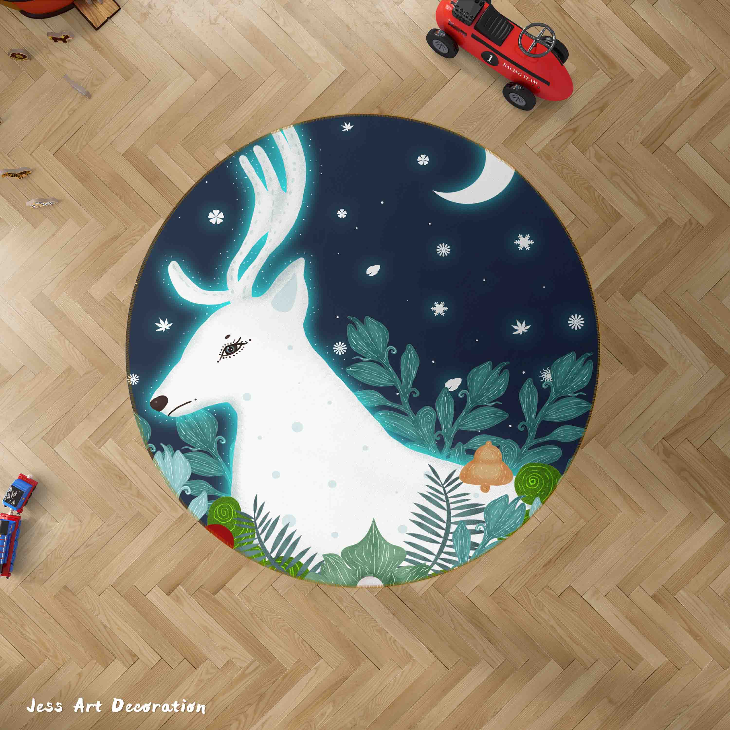 3D Cartoon Night Forest Animal Elk Kids Non-Slip Round Rug Mat 14