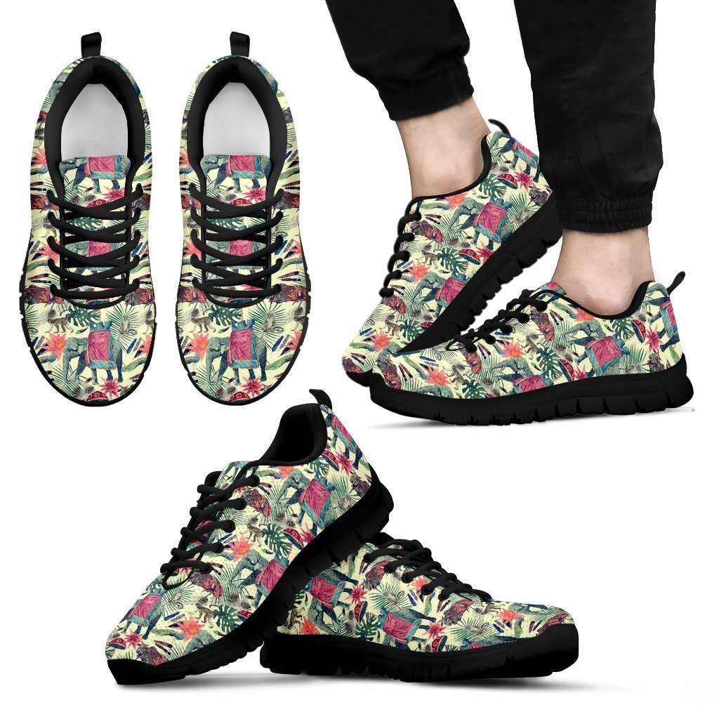 Tropical Elephant Print Black Sneaker Shoes For Men Women