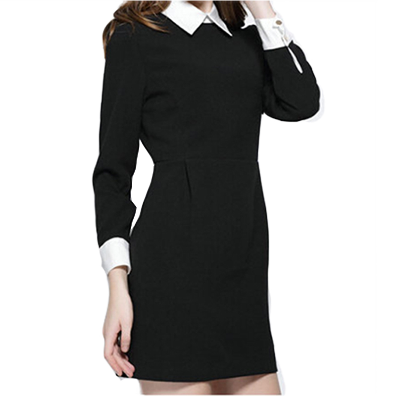 Winter Fashion Women Office Black Dress With White Collar Casual Slim Vestido Vintage Dresses Brand Vestidos alx