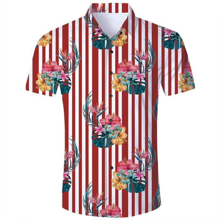 Hawaii Short Sleeve Shirts Red Stripes Floral Print Ha17244