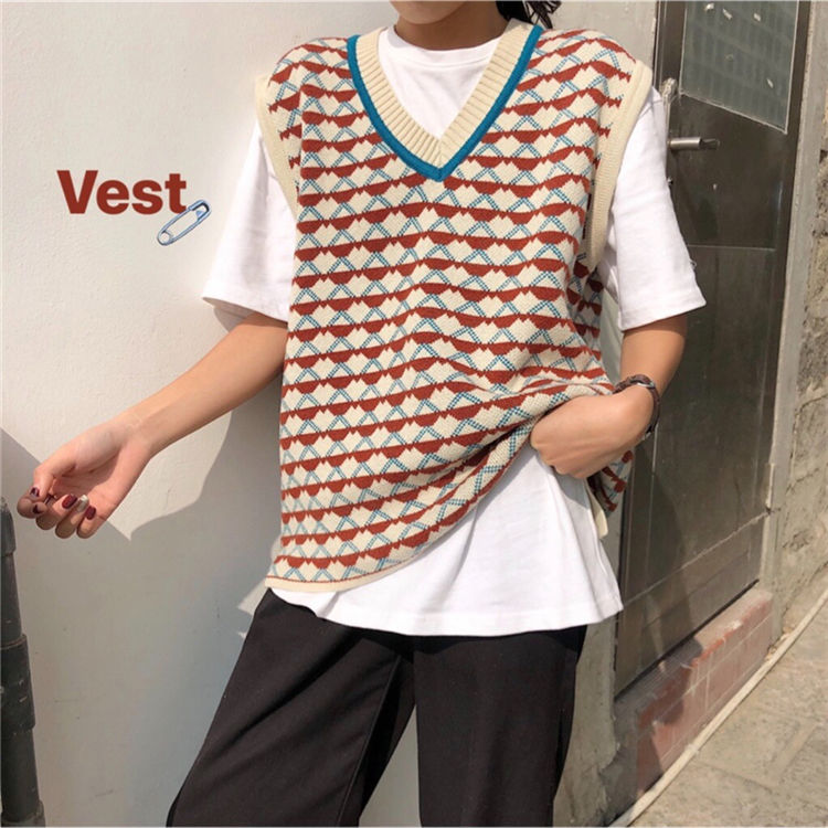 Sweater Knitted Vest Women Vintage V-Neck Casual Geometric Loose Lazy Korean Style Students Streetwear Female Clothing Ulzzang alx