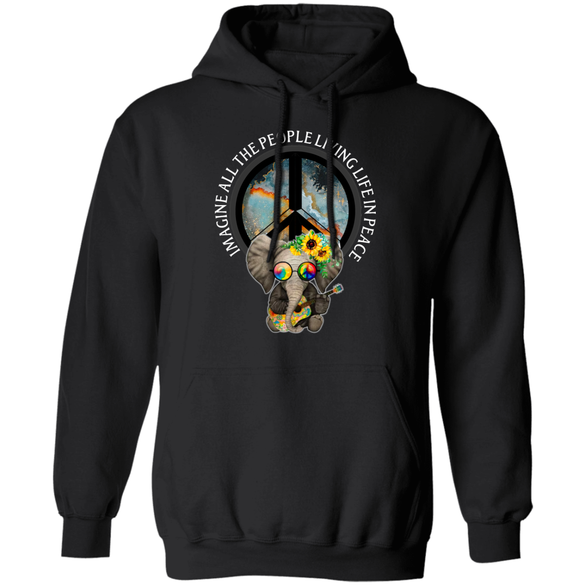 Hippie60S Imagine All People Living In Peace Elephant Hippie Unisex Pullover Adult Hoodie Black.Navy