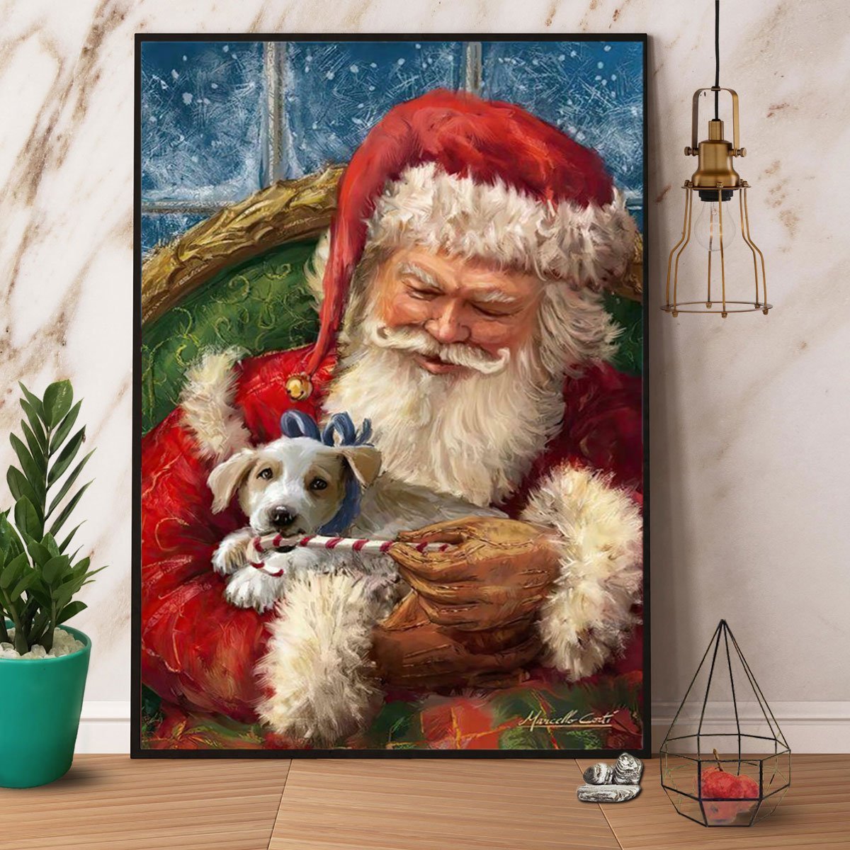 Santa Hug Puppy Merry Christmas Dog Eat Candy Cane Winter Happy  Poster No Frame Matte Canvas