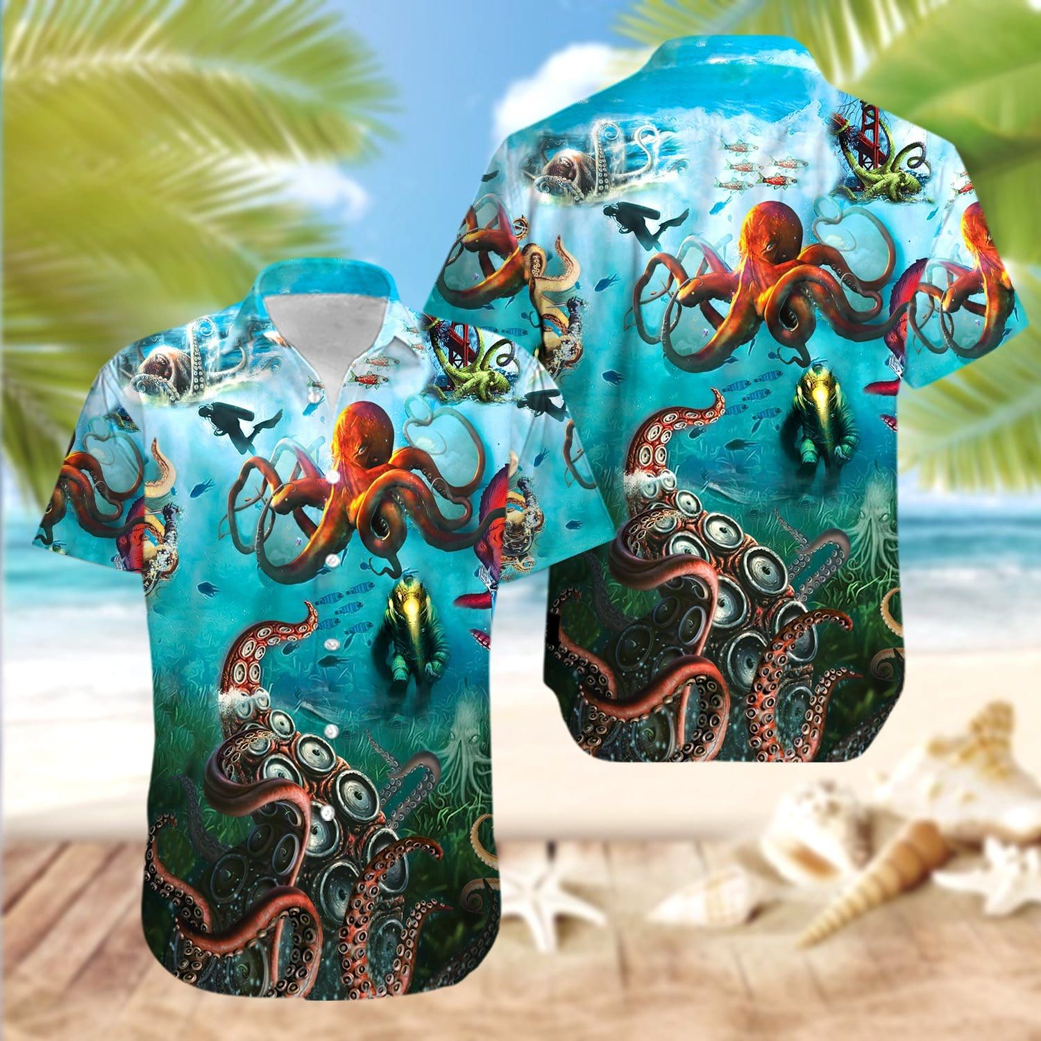 Giant Octopus And Diver Unisex Hawaii Shirts Ha26841