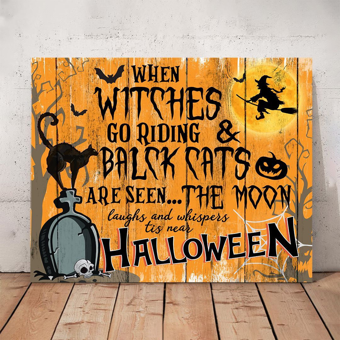 When Witches Go Riding Black Cat Halloween Horizontal Canvas Wall Art Home Decor