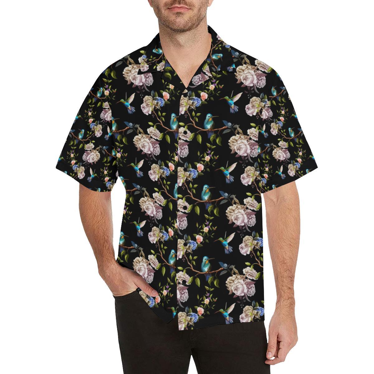 Hummingbird Flower Themed Print Hawaii Unisex Aloha Short Sleeve Casual Shirt Ha25373