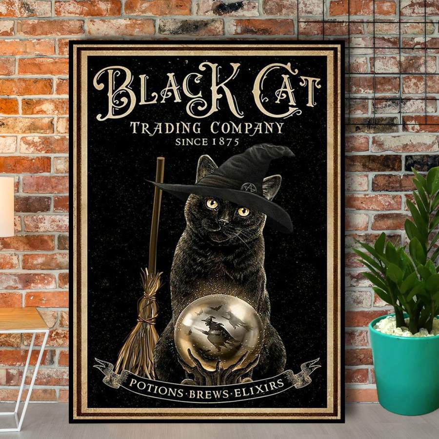 Halloween cat trading company black witch cat broom vertical paper poster no frame/ wrapped canvas wall decor full size