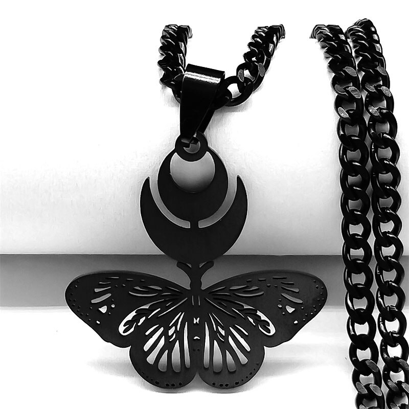 Witchcraft Goth Moon Butterfly Snake Crescent Cuban Chain Necklaces Stainless Steel Black Choker Necklace Jewelry collier N7049 alx