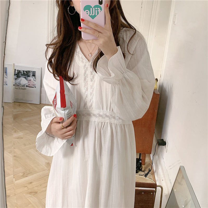 V-Neck Summer Nightgown Women Korean White Long Sleepwear Cotton Floral Crochet Nightdress Homewear High Waist Soft alx