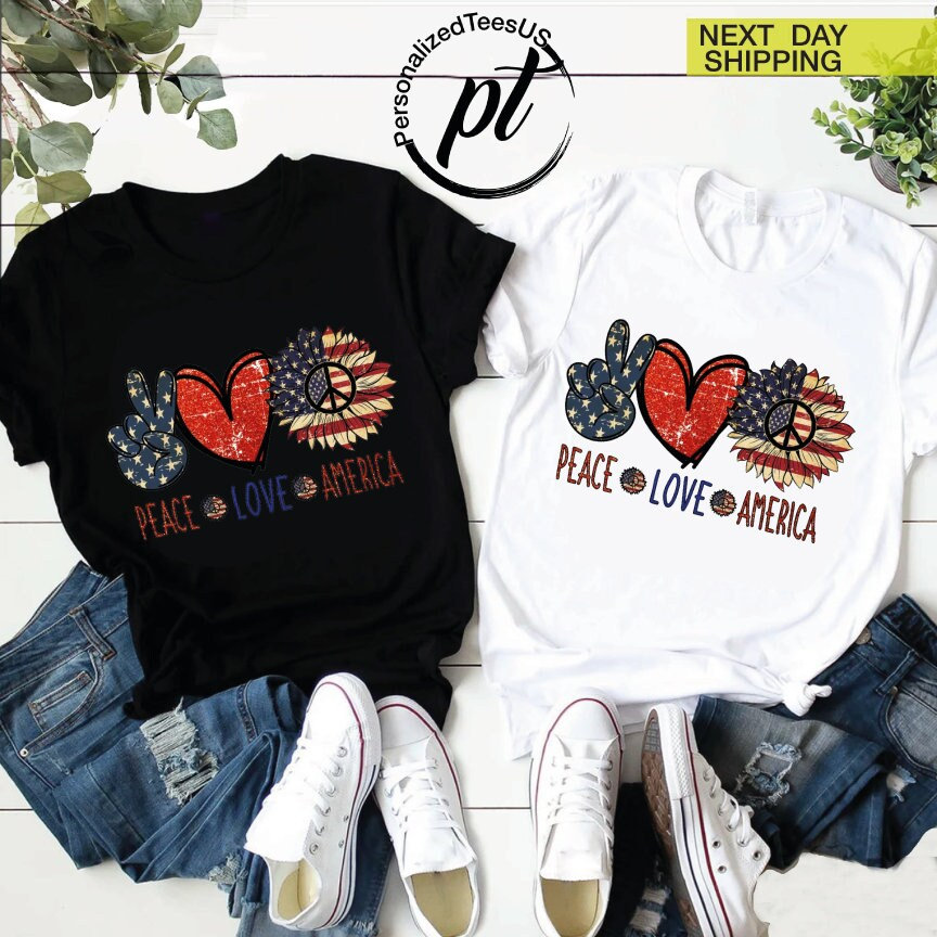 Peace Love America T-Shirt,USA Sunflower Shirt,American Flag Tee,4th of July Gift,Memorial Day Shirt For Women,Independence Day,Merica Shirt