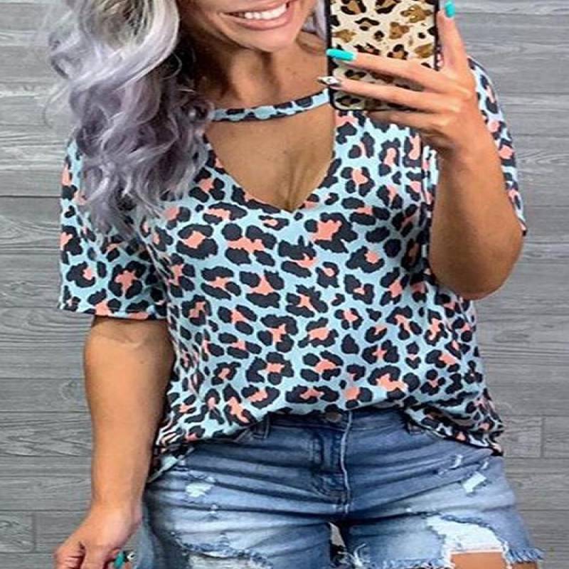 Tie Dye Leopard Printed Hollow-out V-Neck T-Shirts