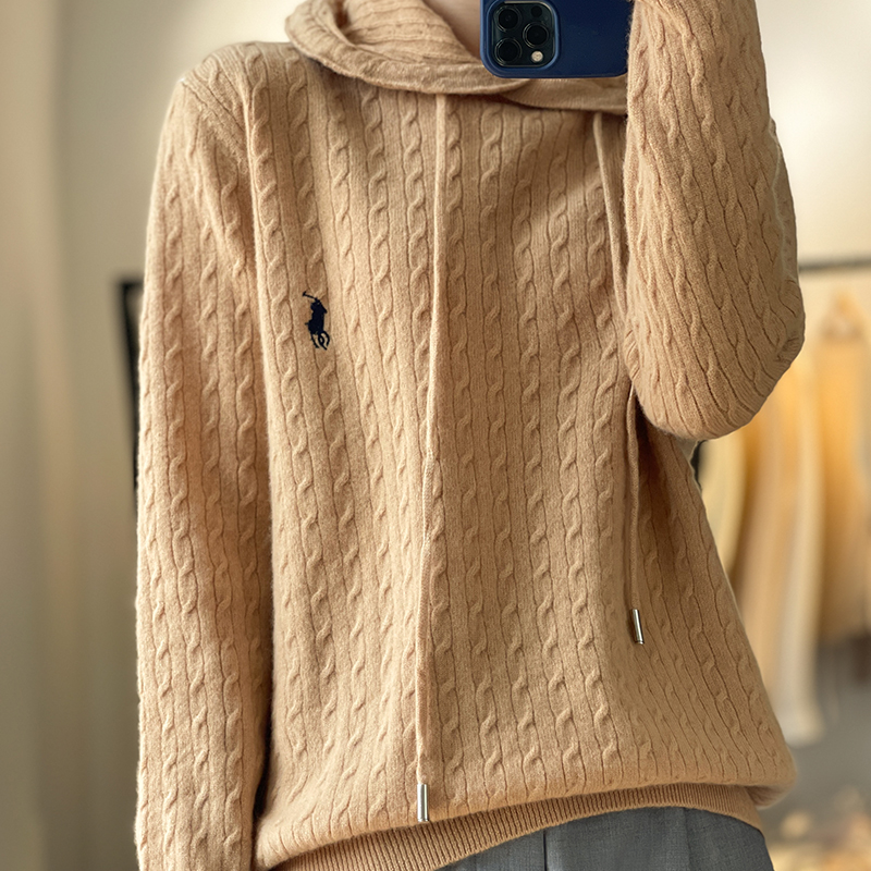 Autumn and Winter Embroidery 100% Wool Hoodie Women’s Korean Loose Cashmere Pullover Solid Fashion Wool Top alx