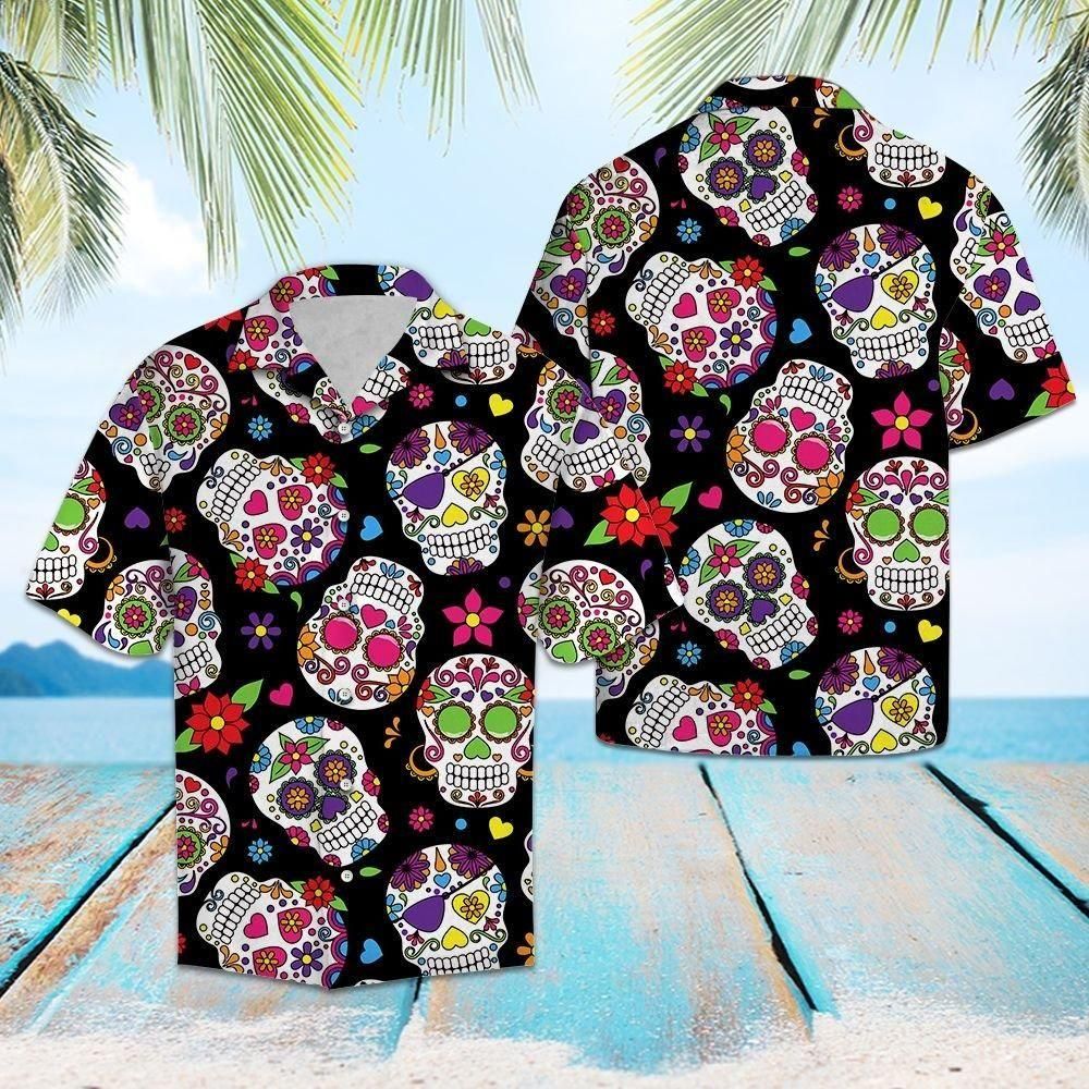 Awesome Sugar Skull Aloha Hawaiian Shirt Colorful Short Sleeve Summer Beach Casual Shirt For Men And Women