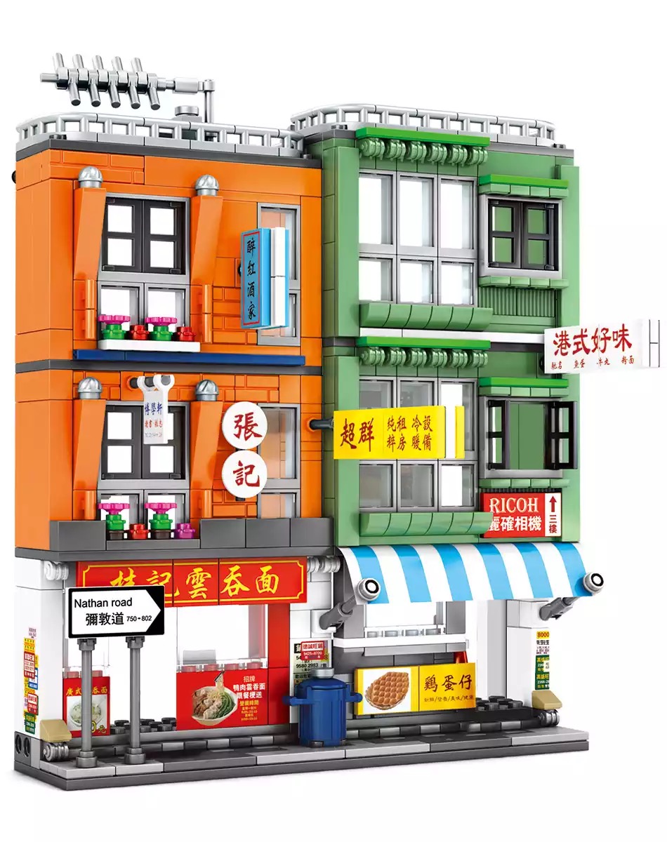 City Hong Kong Street View Restaurant Building Blocks DIY Architecture Noodle House Shop Bricks Figures Toys For Children alx