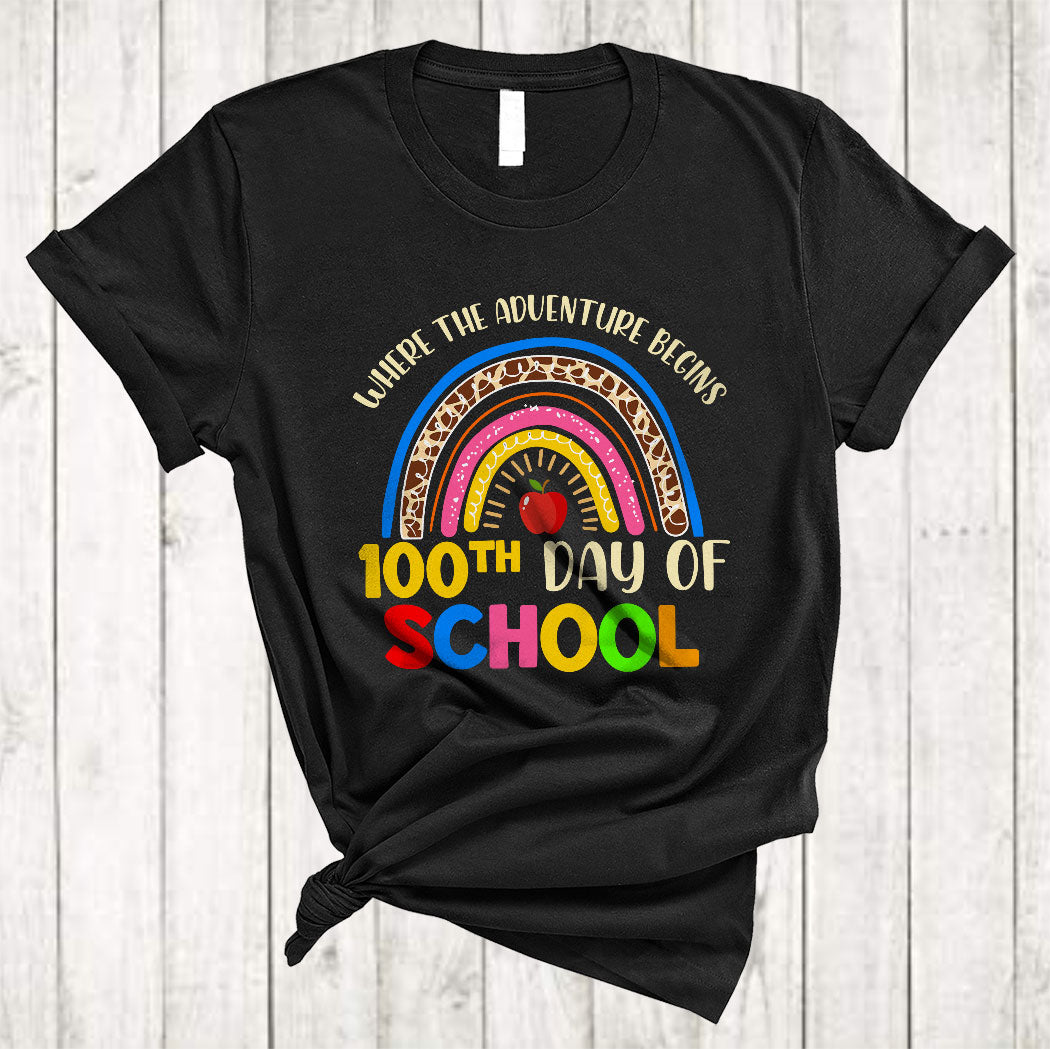 Where The Adventure Begins 100Th Day Of School Cool Rainbow Colorful Leopard Teacher T-Shirt