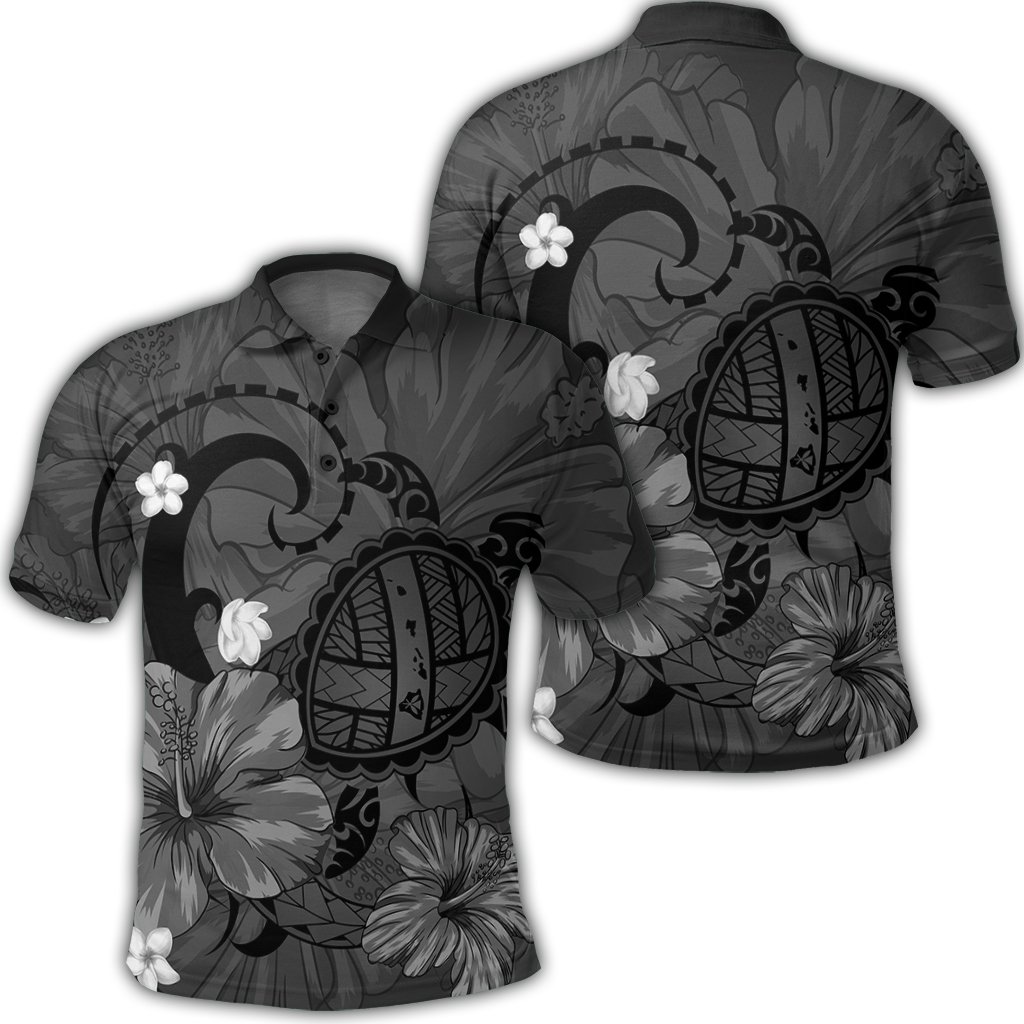 Hawaiian Map Big Turtle Hibiscus Plumeria Tribal Polynesian Polo Shirt – Gray – AH – J6R