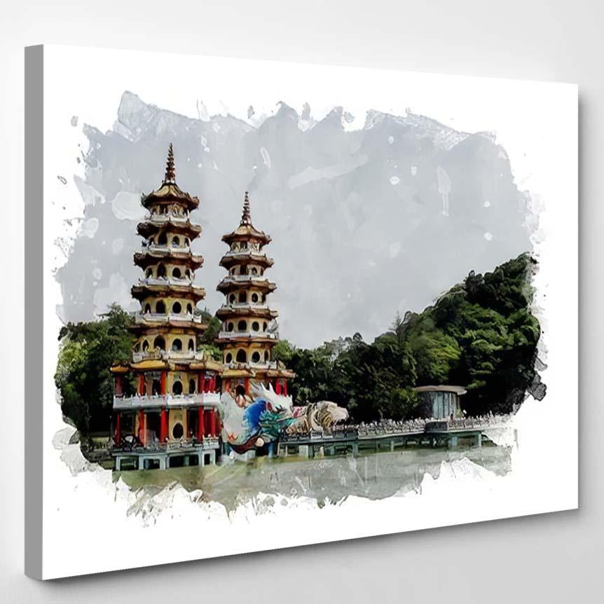 Dragon Tiger Pagodas Taiwan Watercolor Illustration – Dragon Animals Canvas Print