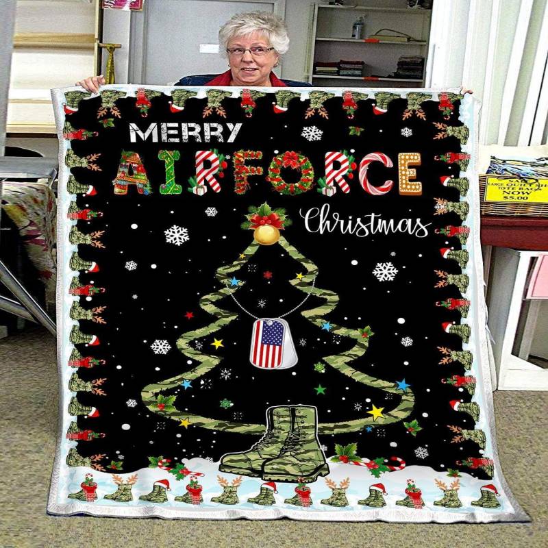 Merry Air Force Christmas Blanket Christmas Tree Boot Snowflakes American Flag