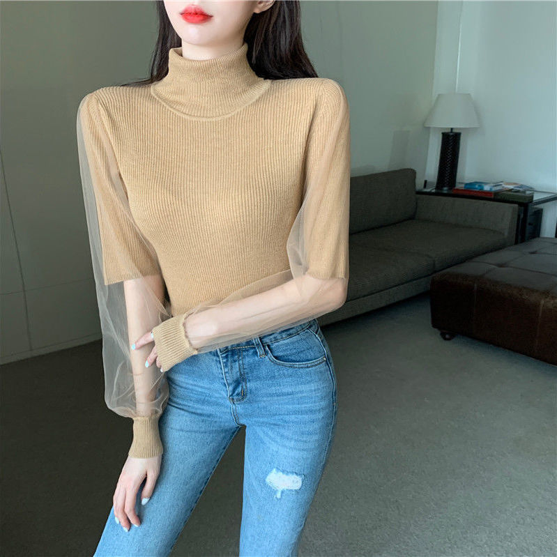 Woman Sweaters Chandails Women’s Turtleneck Spring Autumn Women’s Clothing Mesh Stitching Long Sleeves Inner Knitted Top alx