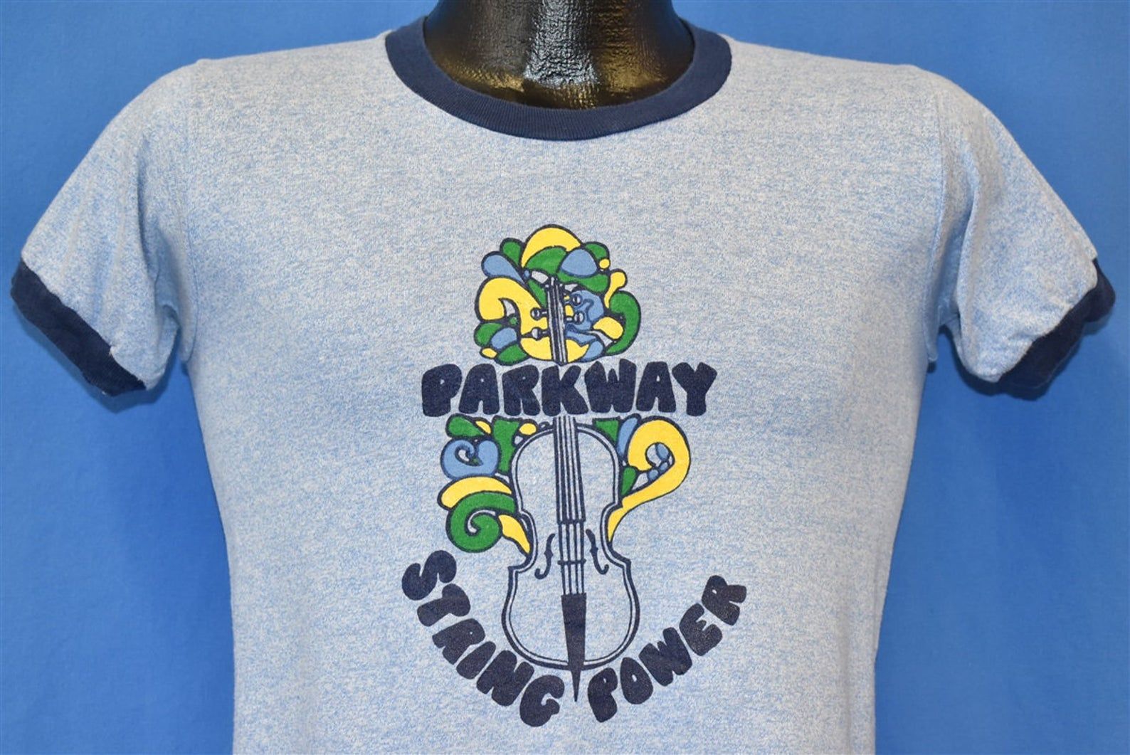 80S Parkway String Power Cello Heather Blue Ringer T-Shirt Extra Vintage Tee