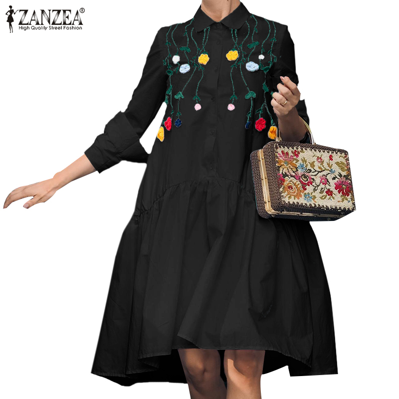 2022 Spring Embroidered Shirt Sundress Women Fashion Vestido ZANZEA Elegant Patchwork Ruffle Robe Casual Party Knee Dresses Robe alx