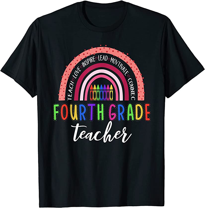 Womens Fourth Grade teacher back to school Leopard Rainbow T-Shirt