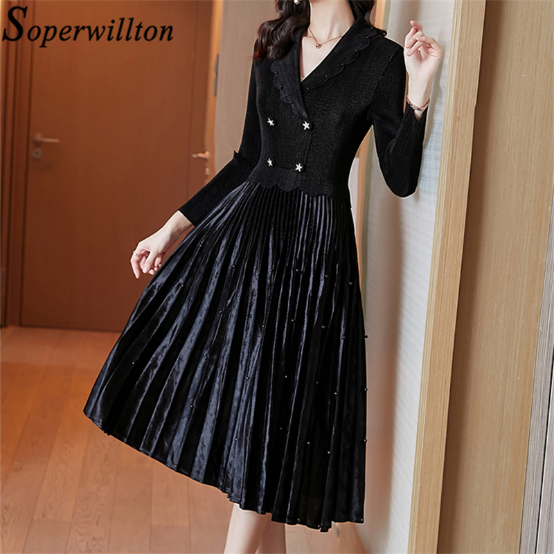 2022 Vestidos Vintage Sweet Velvet Elegant Winter Party Beading Pleated Midi Long Sleeve Female Robe Women’s Autunm Lady Dresses alx