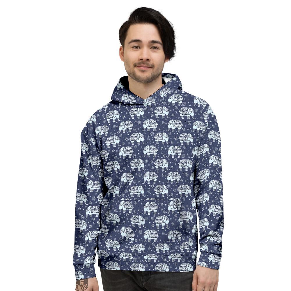 Indian Elephant Blue And White Print Pattern Men’S Hoodie