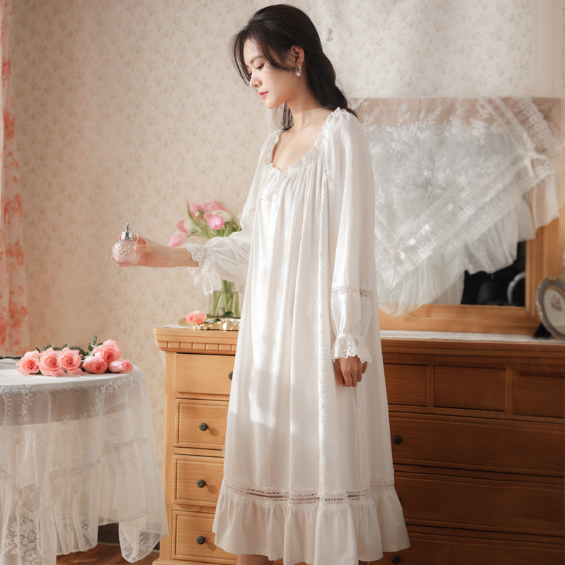 Vintage Night Dress Women Victorian Nightdress Spring Autumn Long Sleeve Cotton Sleepwear Princess Nightgowns Peignoir Homewear alx