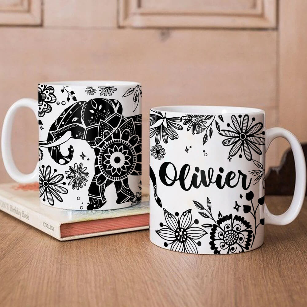 Personalized Elephant Coffee Mug – Coffee Mug Boho – Animal Coffee Mug – Coffee Mug Black And White – Ceramic Coffee Mugs For Women And Men