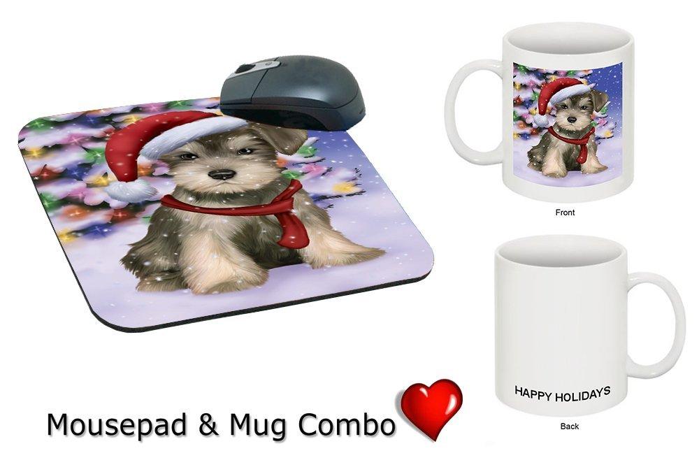 Winterland Wonderland Schnauzers Puppy Dog In Christmas Holiday Scenic Background Mug & Mousepad Combo Gift Set