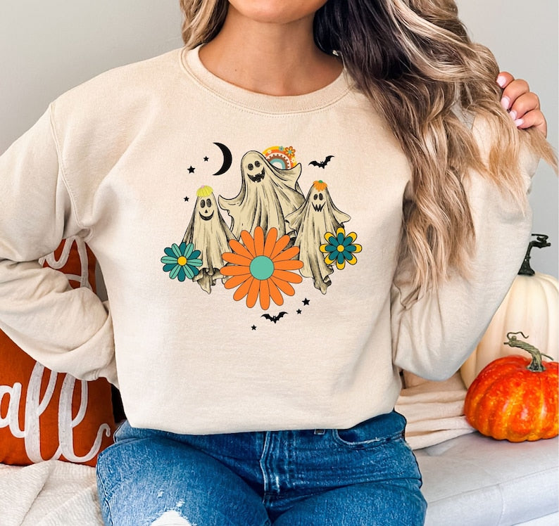 Halloween Retro Floral Ghost Sweatshirt, Spooky Season Crewneck Sweatshirt All Over Print Sweatshirt For Women Sweatshirt For Men