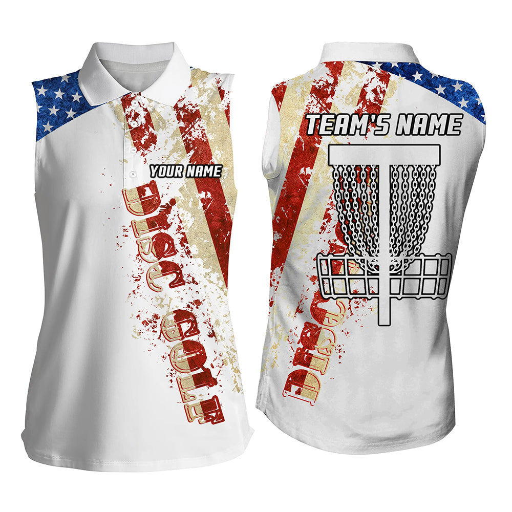 American Flag Patriotic Womens Sleeveless Polo Shirt, Custom Team Disc Golf Basket Shirts