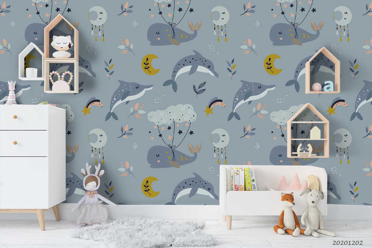 3D Cartoon Hand Drawn Ocean Dolphin Whale Fish Moon Wall Mural Wallpaper Lxl