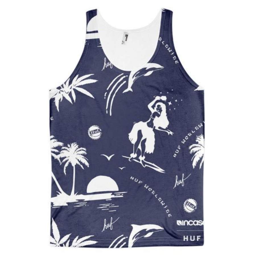 Long Island Beach Wear Surf Palm Trees Sunset Dolphin Dye Sublimation All Over Print 3D Full Print Cotton Polyester Unisex Novelty Blue & White Tank Top