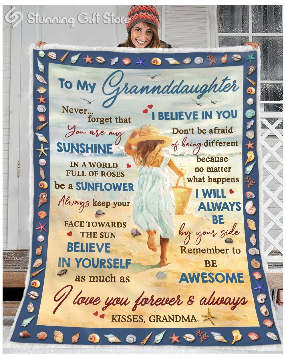 To My Granddaughter Blanket Beach Scene Gifts From Grandma