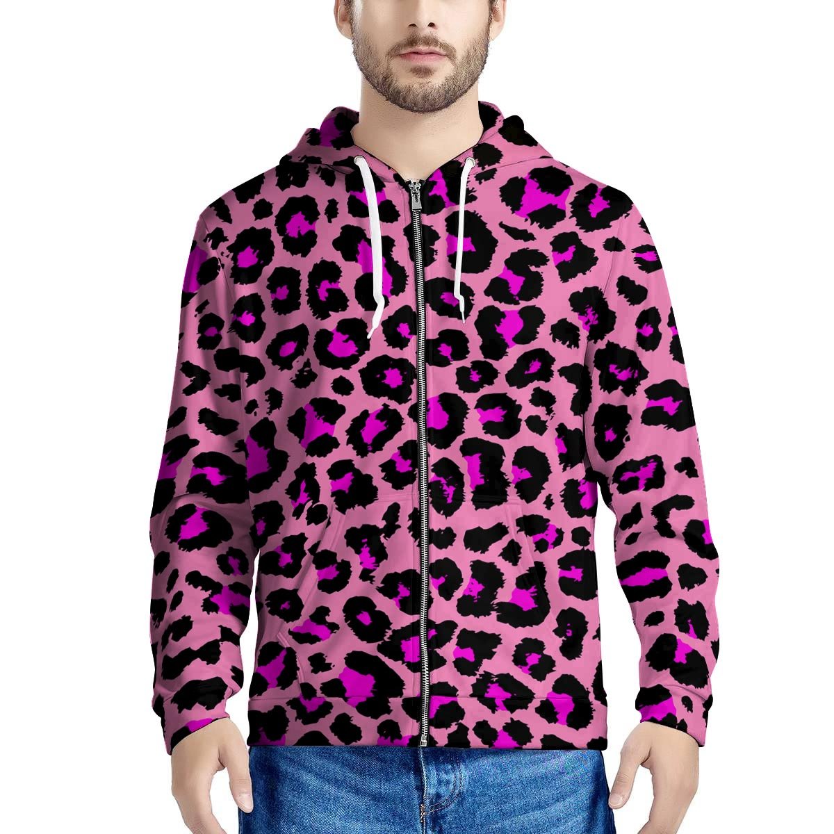 Pink Cheetah Leopard Men’S Zip Up Hoodie