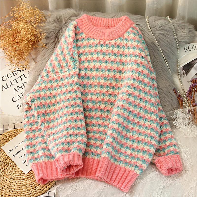 Y2K Sweater women’s pullover loose and lazy wind hitting color stripes small fresh autumn and winter outer wear thick 2021 alx