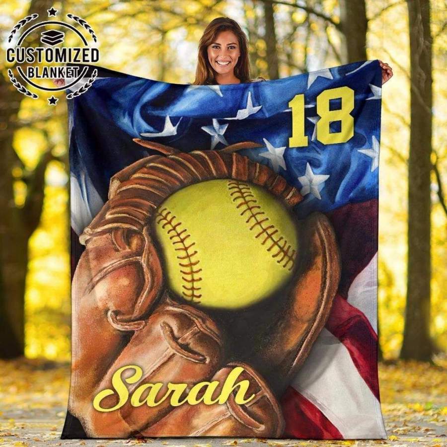 Amazing Softball Glove Hold Ball On American Flag Customized Blanket With Name