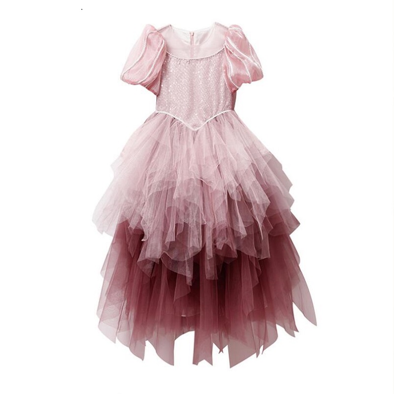 2022 New Summer 3-11Years Girls Pink Sequin Mermaid Puffy Princess Dress Skirt Birthday Costumes Long Lace Chiffon Dresses Kids alx