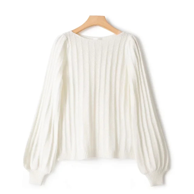 Women’s Stretch-knit Sweater Mohair-blend Jumper Vintage French Long Puff Sleeve White or Red Elegant Pullover Spring 2022 alx